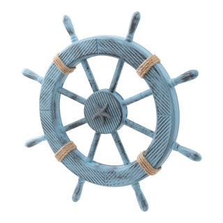 Roue de gouvernail avec corde en bois, avec œillet de suspension, uniface     Taille: 45x45x4cm    Color: bleu clair