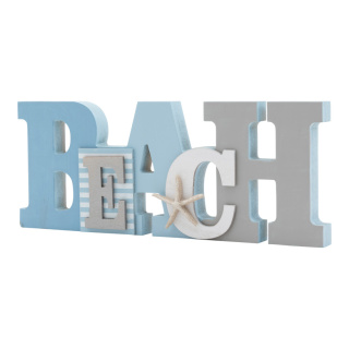 Lettering »BEACH« out of wood, one-sided     Size: 30x11x2cm    Color: blue/grey/weiß