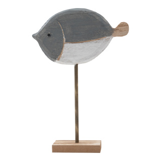 Fish on base plate 2-parts, out of wood, one-sided     Size: 31x21cm, base: 10x7x1cm    Color: natural-coloured/grey/white
