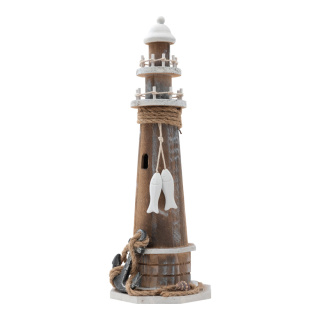 Leuchtturm mit Deko aus Holz/Tau     Groesse: 38x13x13cm    Farbe: naturfarben/weiß