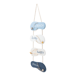 Hanger with 4 flip-flops out of wood/rope, one-sided, with shells     Size: 65x22x1cm, length without hanger: 47cm    Color: white/blue