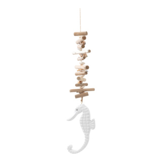 Pendentif avec hippocampe et coquillages en bois     Taille: 70cm, Longueur sans le cintre : 53cm    Color: blanc/natur