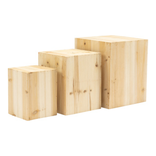 Wooden pedestals in set 3-fold, out of fir wood, open at the bottom, nested     Size: 30x25x25cm, 25x20x20cm, 20x15x15cm    Color: natural-coloured