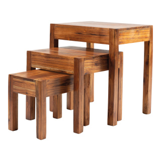 Tables en bois en set 3-fois, en séquoia     Taille: 45x35cm - h50cm, 37x35cm, - H 37cm et 34,5x23cm-H28cm    Color: brun