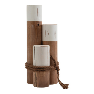 Bollards in set 3 pcs., out of fir wood, with rope, bound together     Size: 20/30/40cm, Ø 8cm, overall dimensions 40x16x16cm    Color: brown/white