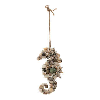 Sea horse out of MDF, with real shells     Size: 25x13x3,5cm, hanger ca. 23cm    Color: natural-coloured