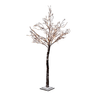 LED-Birkenbaum mit 120 LEDs, Stamm aus Eisen, beschneit, 5m Zuleitung, mit IP44 Transformer     Groesse:160cm, Holzfuß: 20,5x20,5x3cm    Farbe:braun/weiß/warm weiß