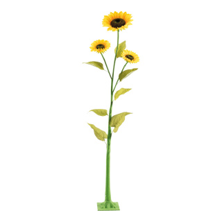 Sonnenblume 3-fach, aus Kunststoff/Kunstseide, 2-teilig, 7 Blätter, Plastikfuß: 17x17cm     Groesse:150cm, Blüte: Ø26cm, Ø18cm, Ø16cm    Farbe:gelb/grün