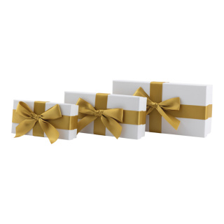 Geschenkboxen 3 Stk./Set, mit Satinschleife, rechteckig, ineinander passend     Groesse:30x15x8cm,25x12x6cm, 20x20x20cm    Farbe:weiß/gold
