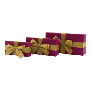 Geschenkboxen 3 Stk./Set, mit Satinschleife, rechteckig, ineinander passend     Groesse:30x15x8cm,25x12x6cm, 20x20x20cm    Farbe:lila/gold