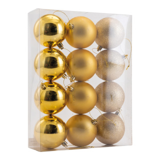 Weihnachtskugeln      Groesse:Ø 8cm, 12 Stk./Blister, aus Kunststoff, sortiert, mit Hänger    Farbe:gold