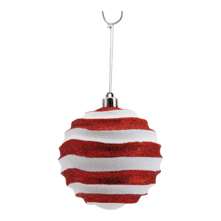 Weihnachtskugel aus Kunststoff, wellenförmig, mit Hänger     Groesse:Ø 10cm    Farbe:rot/weiß