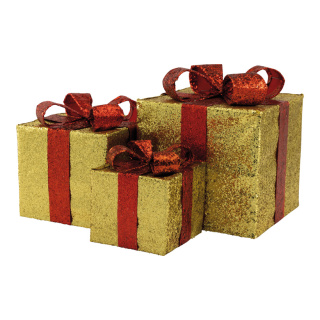 Geschenkpäckchen 3 Stk./Satz, aus Metall/Kunststoff, beglittert, ineinander passend     Groesse:25x25x27cm, 20x20x22cm, + 15x15cm17cm    Farbe:gold/rot