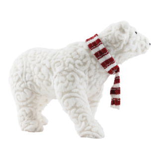 Eisbär aus Styropor/Stoff, laufend, mit Schal     Groesse:40x16cm    Farbe:weiß/rot