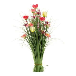 Grass bundle with spring flowers, out of plastic     Size: 70cm, base: Ø 10cm, width: Ø 30cm    Color: green/pink