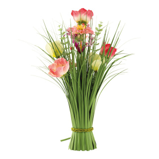 Grass bundle with spring flowers, out of plastic     Size: 45cm, base: Ø 8cm, width: Ø 25cm    Color: green/pink