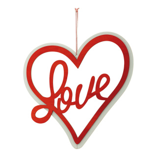 Cœur avec inscription »Love« en bois, à suspendre     Taille: 30x25cm    Color: rouge/blanc