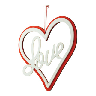 Cœur à inscription »Love« en bois, uni-face, avec suspension     Taille: 20cm    Color: blanc/rouge