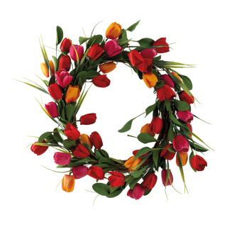 Tulip wreath out of artificial silk/wooden/plastic, one-sided decorated     Size: Ø 50cm, Ø inside 30cm    Color: multicoloured