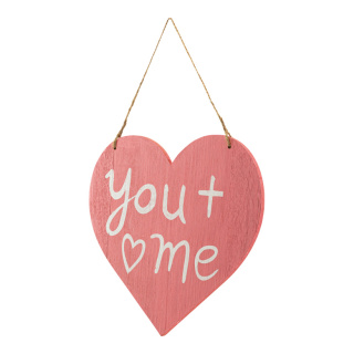 Heart with lettering »you + me« out of wood, to hang     Size: 26x25cm    Color: pink/white