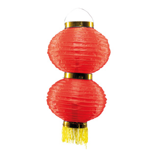 Chinesische Laterne 2-fach, aus Kunstseide, mit Quasten, zum Hängen     Groesse: 50cm, Ø 22cm    Farbe: rot/gold