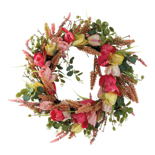 Flower wreath out of plastic/artificial silk/wooden branches, one-sided decorated     Size: Ø 45cm, inside Ø 35cm    Color: pink/green