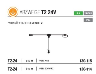 T2-24: 0.5m Low Voltage T connecting cable, 2 Low Voltage Output, weißes Gummi Kabel,  8 A, 24V/36V    --> Licht