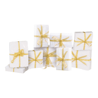 Set de paquets cadeaux 9 pcs. en 3 dimensions styrofoam/film  Color: blanc/or Size: 9x9x3cm 11x7x4cm 15x10x3cm