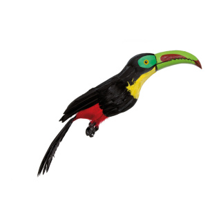 Toucan styrofoam glued with feathers, with fixing wire at foot     Size: 55cm    Color: multicoloured